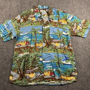 Monticerutti Hawaiian Shirt Mens L Blue Rayon Woody Car Tropical Beach Aloha